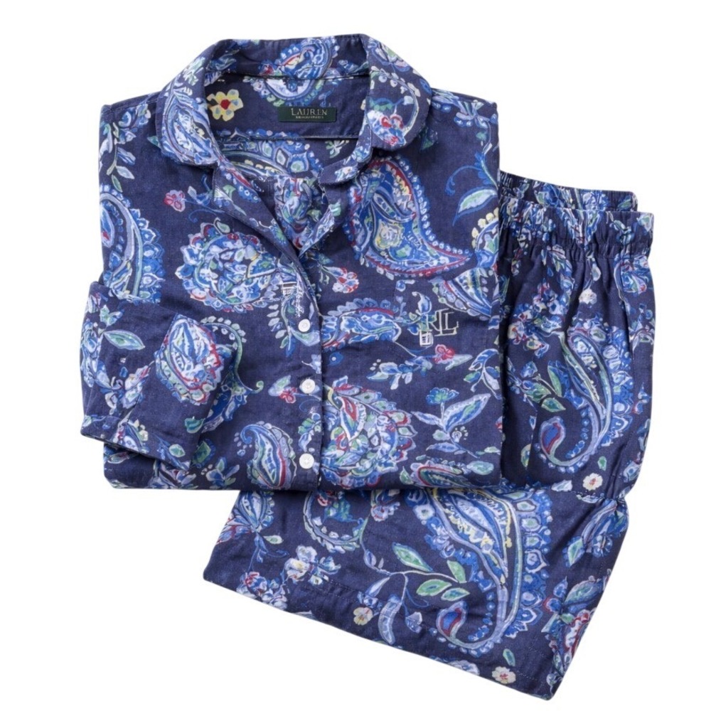 Lauren Ralph Lauren Womens Blue Paisley Pajama Set Button Front Long Sleeve M - Picture 2 of 10